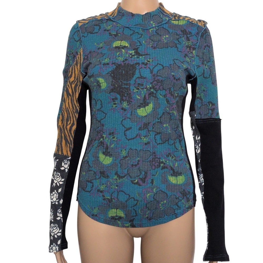 Free People Meadow Mix Long Sleeve Mock Neck Floral Tiger Patchwork Top Large